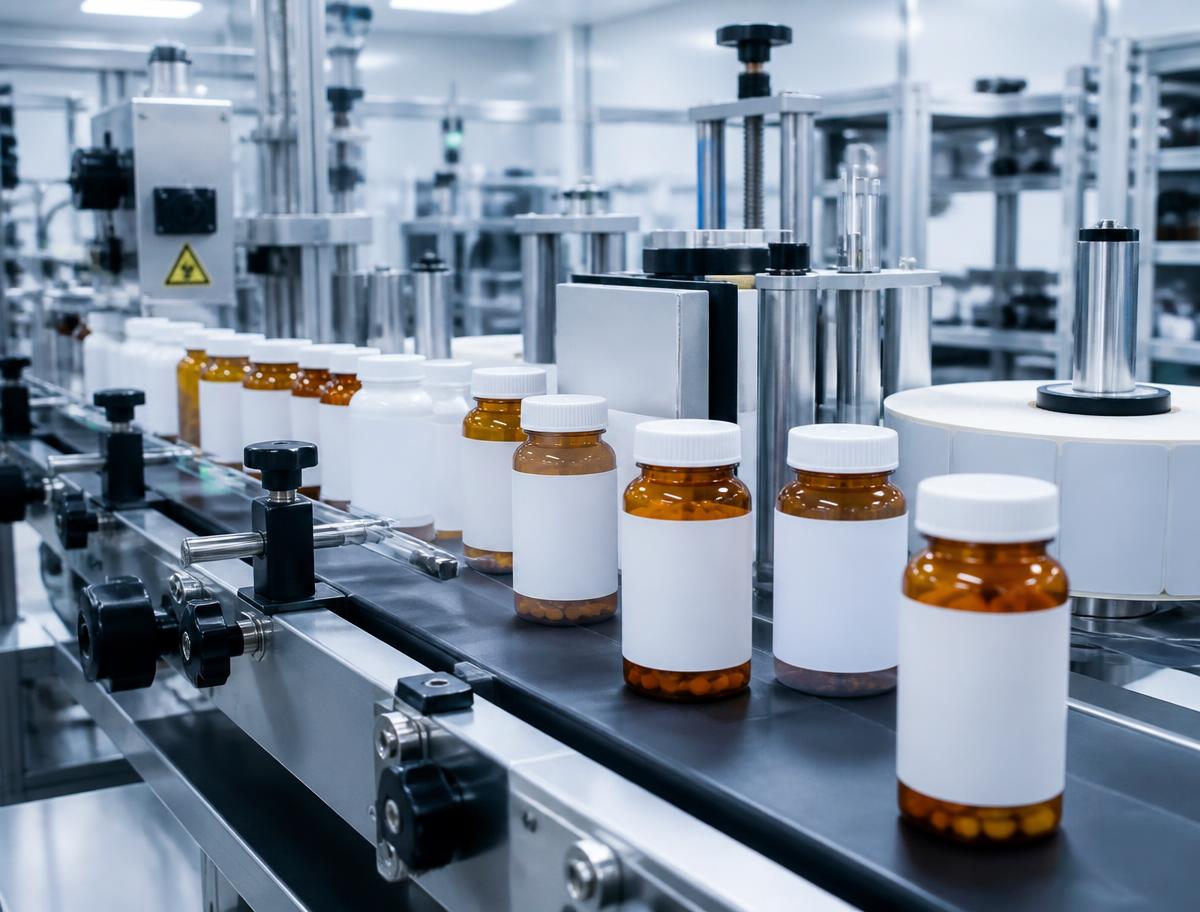 Pharmaceutical bottles receiving printed labels on a clean labeling line